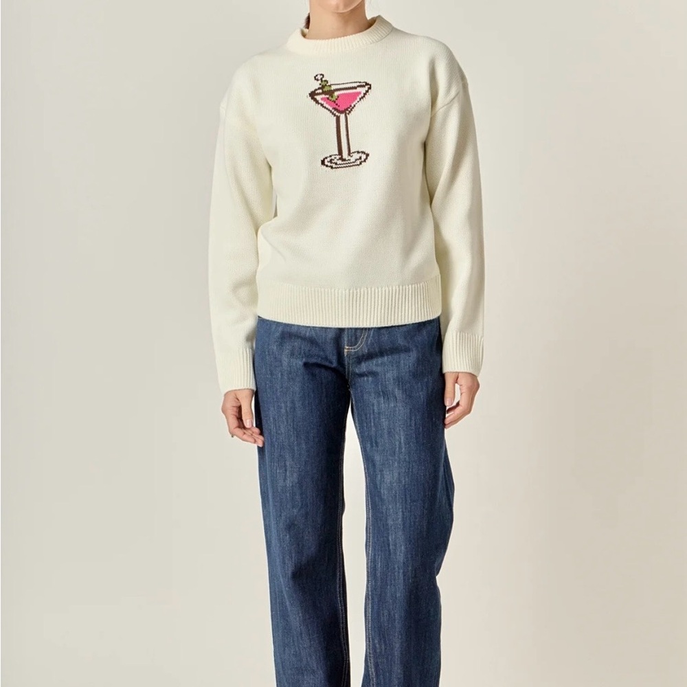 NWT English Factory Cream Knit Sweater with Pink Martini Motif